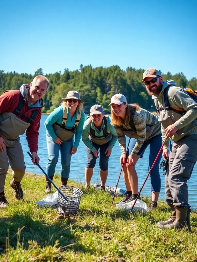 A group of anglers smiling and working together to clean up the shoreline of a lake during a TEAM SENSAS BREIZH event, emphasizing their commitment to environmental responsibility.