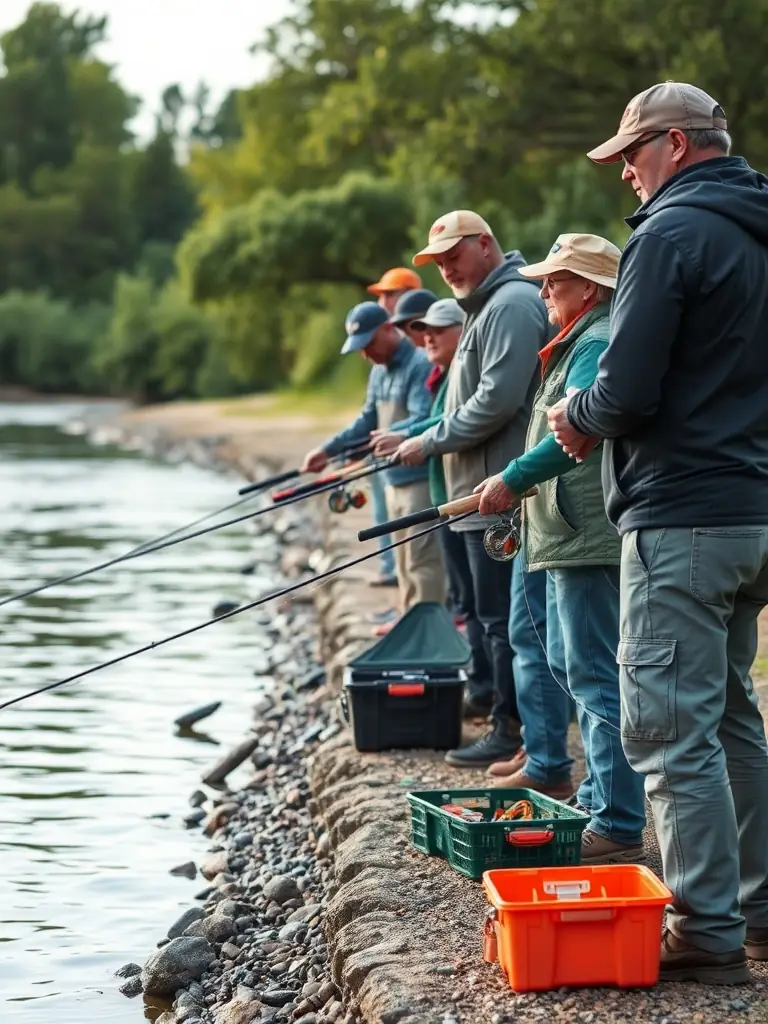 A picture of a group of TEAM SENSAS BREIZH COMPETITION members participating in a training session, demonstrating various fishing techniques and strategies under the guidance of experienced instructors.