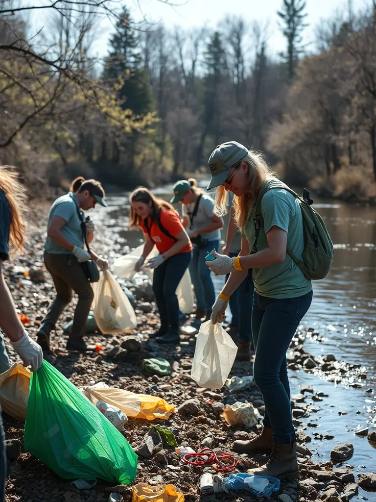 A photo of TEAM SENSAS BREIZH COMPETITION members cleaning up a local riverbank, demonstrating their hands-on approach to environmental protection and community service.