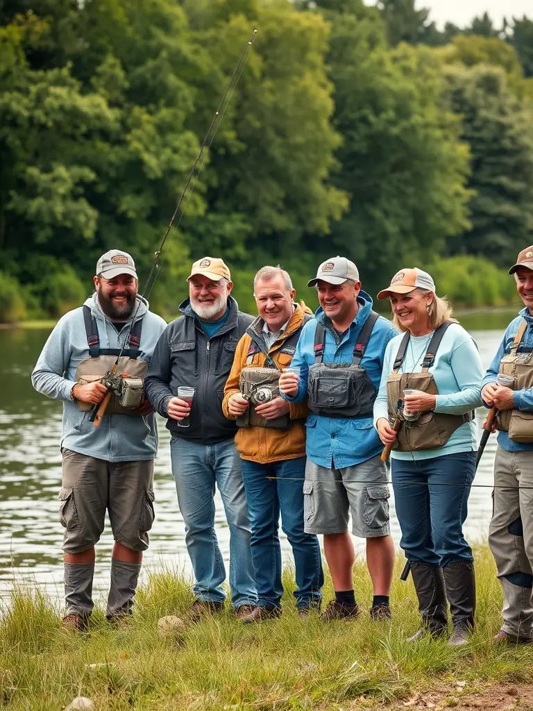 A diverse group of anglers participating in a TEAM SENSAS BREIZH event, showcasing the organization's commitment to inclusivity and accessibility.