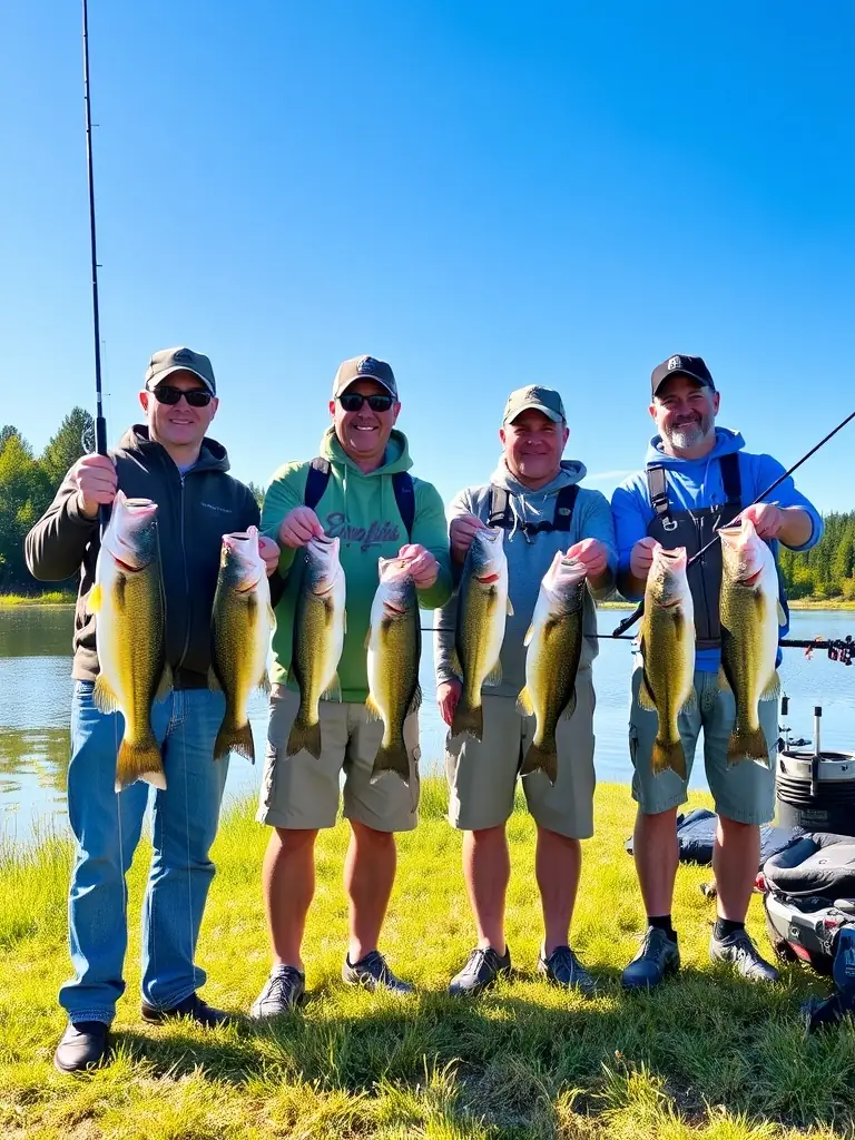 Participants of a TEAM SENSAS BREIZH competition celebrating a successful catch, highlighting the community spirit and camaraderie.