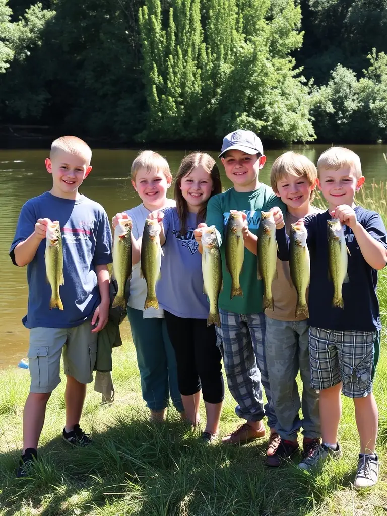 A group of young anglers participating in a TEAM SENSAS BREIZH COMPETITION event, smiling and holding up their catches, showcasing the organization's commitment to youth engagement and skill development.