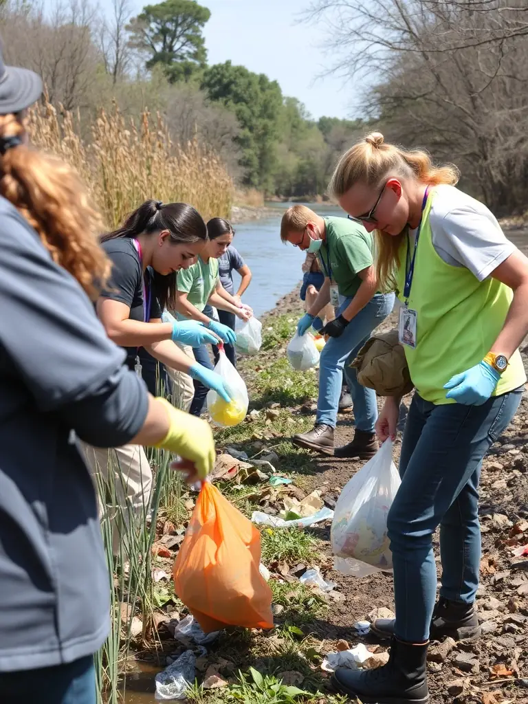 A serene image of a group of volunteers cleaning up a riverbank, emphasizing the organization's commitment to environmental stewardship.