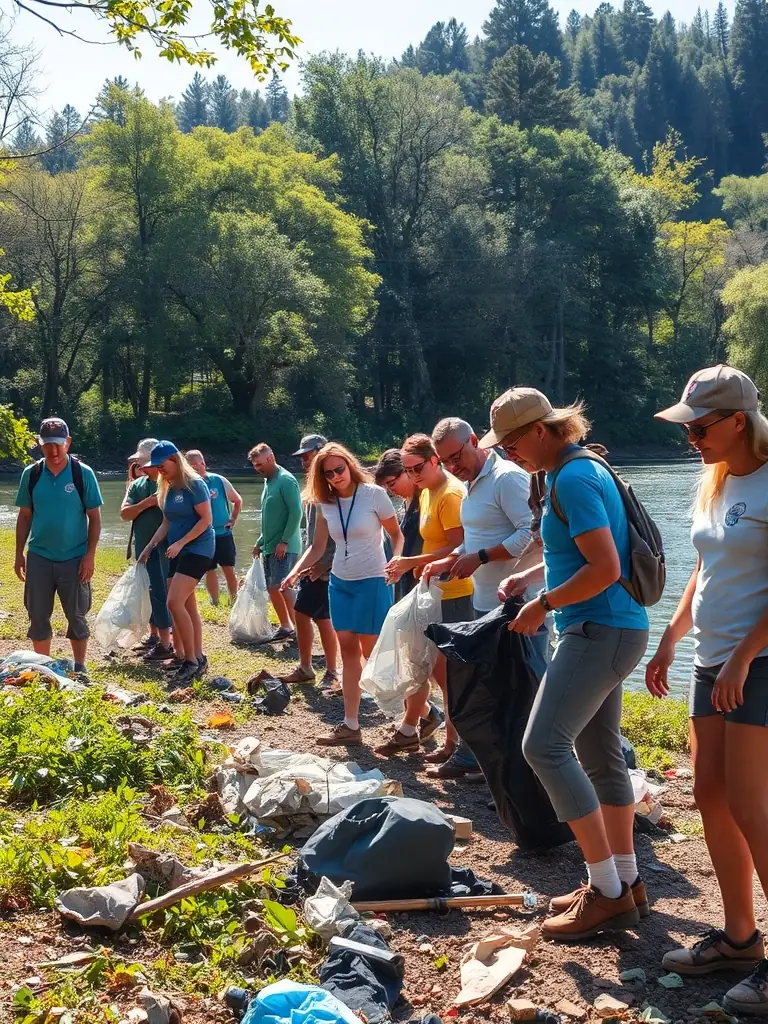 A group photo of volunteers and participants cleaning up a riverbank, demonstrating TEAM SENSAS BREIZH COMPETITION's commitment to environmental responsibility.