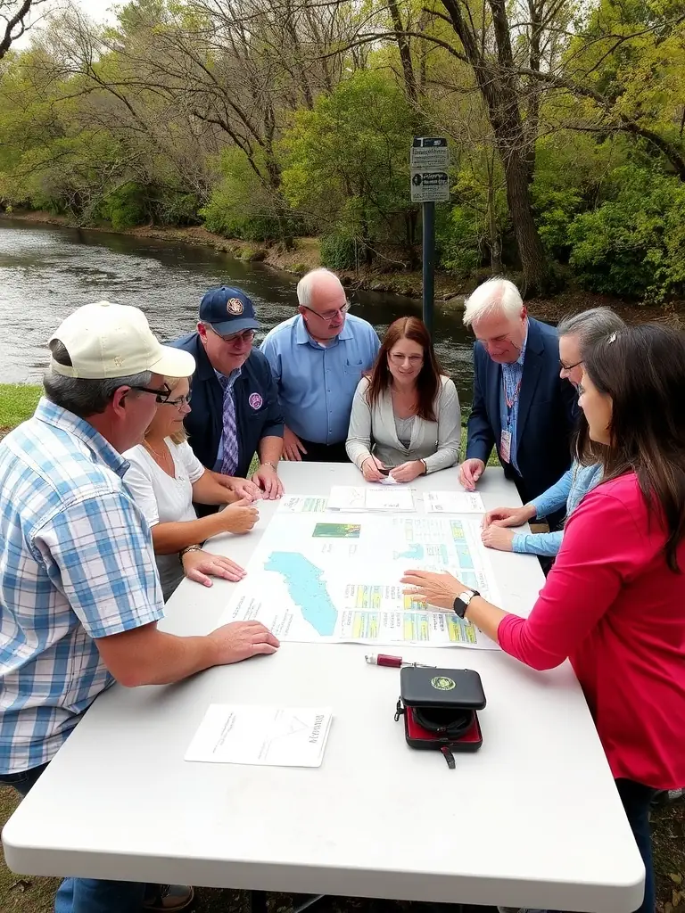 An image showcasing TEAM SENSAS BREIZH COMPETITION members participating in a community outreach program, educating local residents about the importance of preserving freshwater ecosystems and responsible fishing practices.