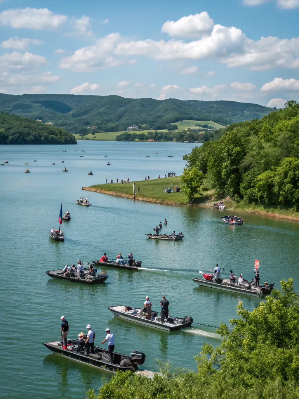 A dynamic image of participants actively engaged in a freshwater fishing competition, showcasing the excitement and camaraderie of the event.