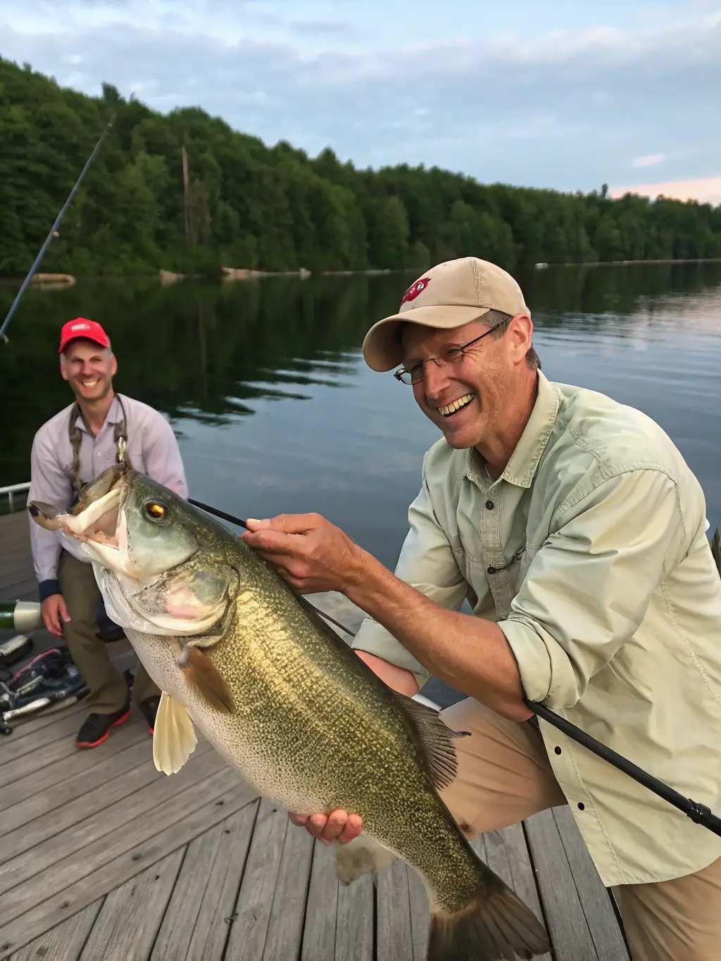 A close-up shot of an experienced angler providing guidance to a novice during a TEAM SENSAS BREIZH training session, showcasing skill enhancement.
